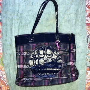 Plaid Cloth and patent Coach tote